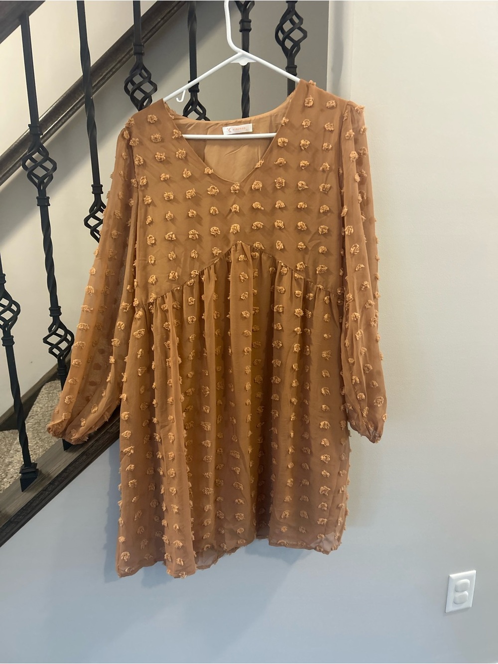 Textured Pom-Pom V-Neck Tunic Dress in Camel